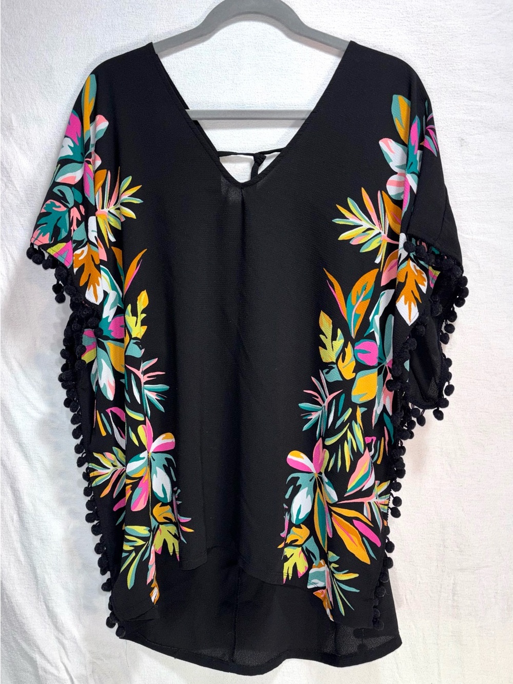 Xhilaration Black Tropical Print Pom-Pom Poncho Cover-up Size M